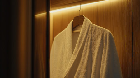 Closeup of a fresh white bathrobe neatly hanging in a wooden wardrobe with soft lighting, luxury hotel vibes, minimalistic and serene detailsの素材
