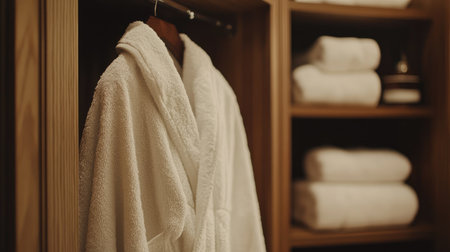 Closeup of a plush white bathrobe in a high-end wooden wardrobe, capturing the essence of relaxation, elegance, and refined hospitalityの素材
