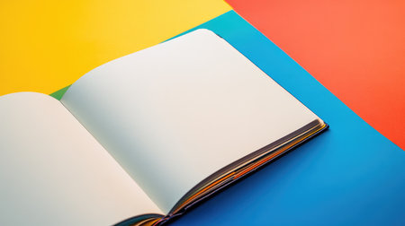 Closeup of an open sketchbook with blank pages on a vibrant, bold background, offering open space for artistic or written contentの素材