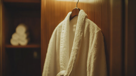 Closeup of a fresh white bathrobe neatly hanging in a wooden wardrobe with soft lighting, luxury hotel vibes, minimalistic and serene detailsの素材
