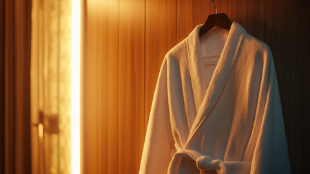 Closeup of a fresh white bathrobe neatly hanging in a wooden wardrobe with soft lighting, luxury hotel vibes, minimalistic and serene detailsの素材