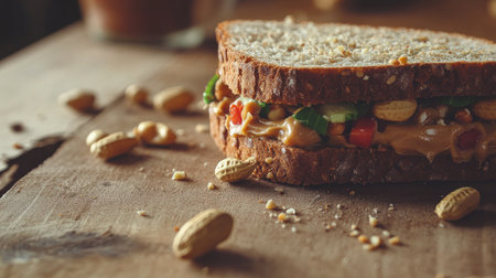Closeup of a tasty peanut butter sandwich on a rustic wooden surface, scattered peanuts around, warm tones, ample copy space for text or designsの素材