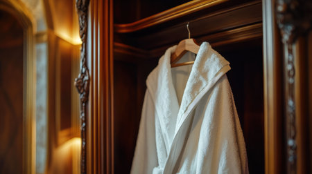 Closeup of a plush white bathrobe in a high-end wooden wardrobe, capturing the essence of relaxation, elegance, and refined hospitalityの素材