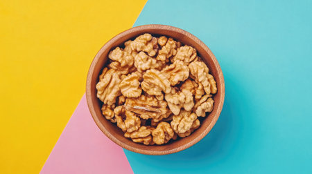 Close-up of walnut kernel halves in a wooden bowl on a colorful surface, emphasizing healthy eating with walnuts as superfoods, leaving space for textの素材