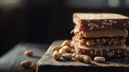 Closeup of a peanut butter sandwich placed on a textured wooden table, whole peanuts scattered around, cozy and inviting with copy spaceの素材