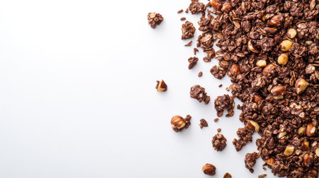 Closeup of chocolate granola cereal mixed with nuts on a clean white surface, emphasizing the ingredients and leaving space for copy or brandingの素材