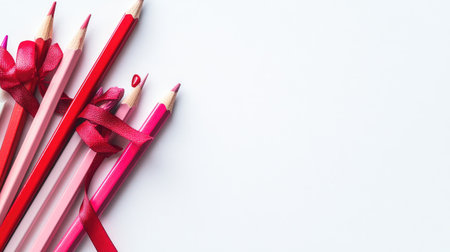 Closeup of sharpened pencils, pink and red felt tip pens, and a unicorn pen with a scarlet ribbon, laid on a clean white background, offering space for textの素材
