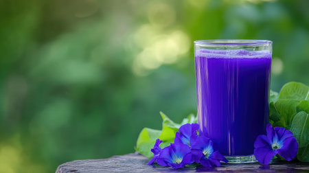 Closeup of purple butterfly pea flowers and juice in a glass, placed on a wooden table, with a blurred green background and room for textの素材
