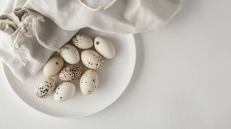 Closeup of quail eggs on a clean white plate alongside canvas gift bags with hare button accents, arranged on a crisp white background, soft decorative vibeの素材