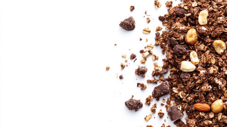 Closeup of chocolate granola cereal with nuts, isolated on a clean white background, showcasing rich textures and offering ample copy space for textの素材