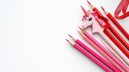 Closeup of sharpened pencils, pink and red felt tip pens, and a unicorn pen with a scarlet ribbon, laid on a clean white background, offering space for textの素材