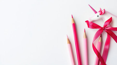 Closeup of sharpened pencils, pink and red felt tip pens, and a unicorn pen with a scarlet ribbon, laid on a clean white background, offering space for textの素材