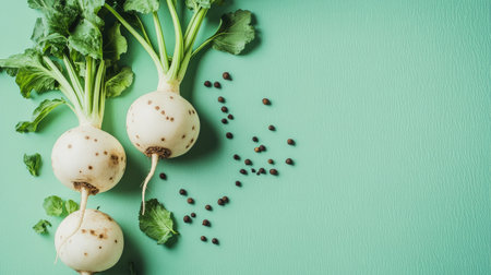 Closeup of two kohlrabis, peppercorns, and allspice on paper with a mint green background, offering a clean, minimal design with room for textの素材