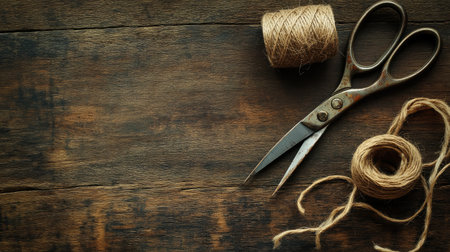 Closeup of vintage scissors on a rustic wooden surface, twine and a convoy beside them, top view with ample copy space for brandingの素材