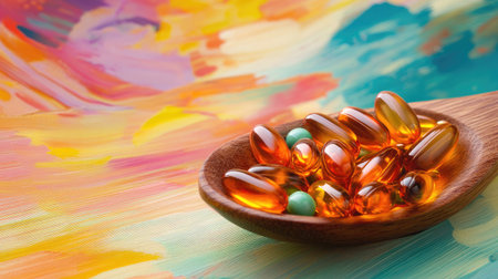 Closeup of vitamin and mineral pills in a wooden spoon, placed against a colorful backdrop, vibrant and clean composition with space for copyの素材