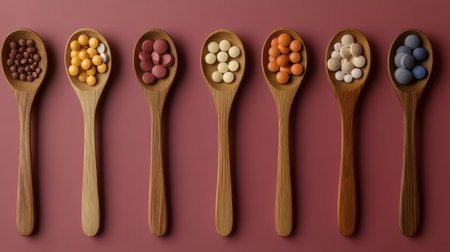 Create 10 prompts for stock photos related to Top view of a variety of vitamin and mineral pills in a wooden spoon against a colored background with 100-200 characters and ending withの素材