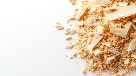 Closeup of wood shavings and powder forming a small pile on a pristine white background, showcasing natural tones and textures with copy spaceの素材