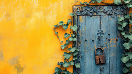 Create 10 prompts for stock photos related to A weathered decorative iron door with rust and a padlock adorned with green vines against a yellow wall. with copy space with 100-200 characters and ending withの素材
