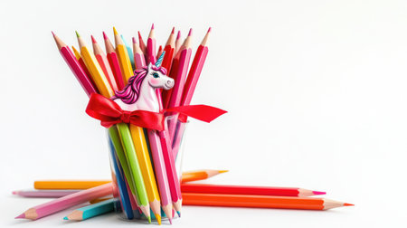 Colorful collection of sharpened pencils, red and pink felt tip pens, and a unicorn pen with a scarlet ribbon on a white backdrop with plenty of copy spaceの素材