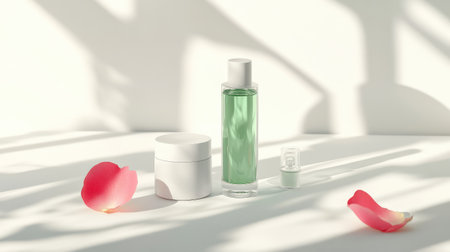 Cosmetic bottle with green liquid, white cream jar, and laboratory glassware, with a rose petal on a white background, accompanied by soft shadows for a professional lookの素材