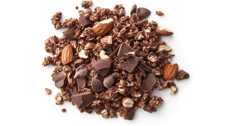 Create 10 prompts for stock photos related to Chocolate granola cereal with nuts Isolated on a white background. with copy space with 100-200 characters and ending withの素材