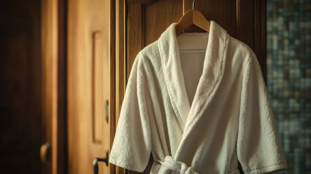 Create 10 prompts for stock photos related to Closeup Fresh white bathrobe hanging in wooden wardrobe at luxury hotel with 100-200 characters and ending withの素材