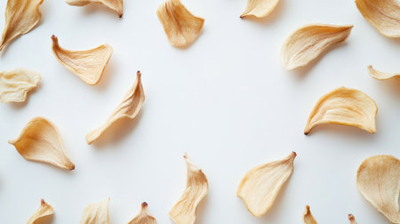 Create 10 prompts for stock photos related to Dried banana chips on a white background with complete depth of field Top view Flat lay. with copy space with 100-200 characters and ending withの素材