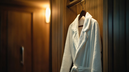 Create 10 prompts for stock photos related to Closeup Fresh white bathrobe hanging in wooden wardrobe at luxury hotel with 100-200 characters and ending withの素材