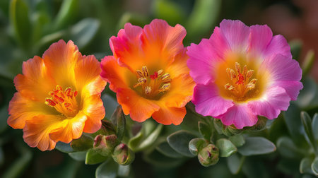Colorful Portulaca oleracea flowers against a blurred backdrop, highlighting their beauty with ample space for your message or brandingの素材