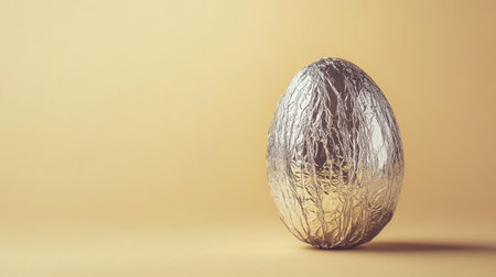 Close-up of a chocolate Easter egg wrapped in shiny silver foil, displayed on a smooth light yellow background.の素材