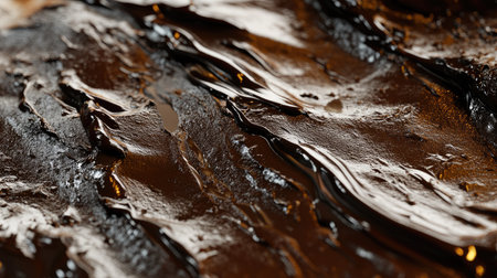 Chocolate bar slowly melting under soft heat, with a dramatic close-up of shiny streaks and uneven texture.の素材