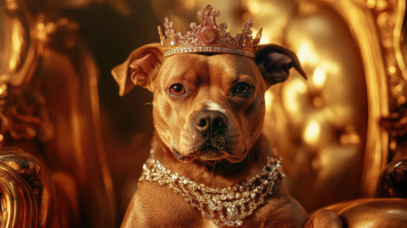 A dog in a jeweled crown and necklace rests on a golden chair, with dramatic lighting enhancing the luxurious atmosphere.の素材