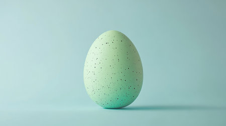 Pastel green Easter egg with speckled design, centered on a pale blue background with soft lighting for a clean look.の素材