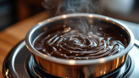 Close-up of melting chocolate fondue on a stainless steel pot, with a glossy surface and swirling patterns of richness.の素材