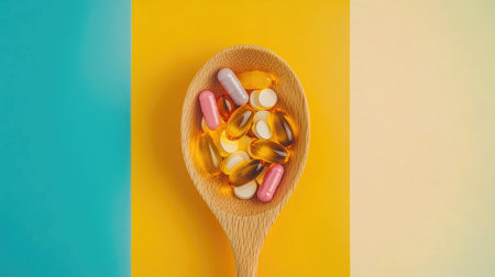 Assorted vitamin and mineral pills in a wooden spoon, captured from above, with a lively colored background, clean and fresh, with space for copyの素材