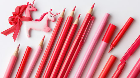 A collection of sharpened pencils, red and pink felt tip pens, and a unicorn pen with a scarlet ribbon, arranged on a white background with ample copy spaceの素材