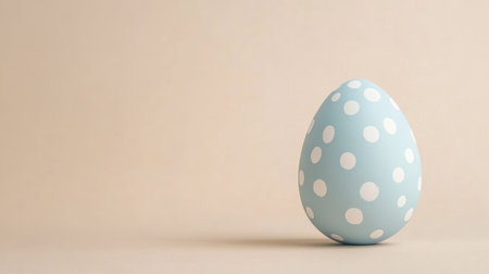 Close-up of a single pastel blue Easter egg with white polka dots, placed on a soft beige background, minimalistic style.の素材