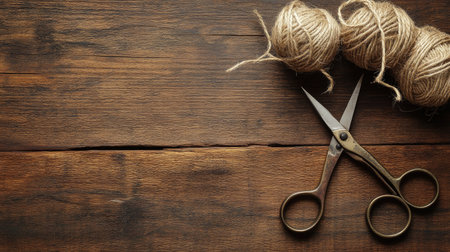 Closeup of antique scissors, twine, and a convoy on a wooden surface, top view composition with clean space for text or brandingの素材