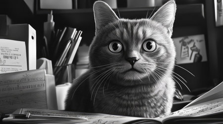 Close-up of a cat with wide eyes and a tense look, sitting on a desk chair, with cluttered office supplies in the background.の素材