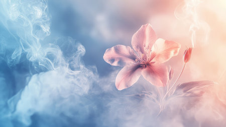 A soft pastel 3D wallpaper featuring a single flower pattern, with gentle steam rising around it, creating a peaceful and serene scene.の素材