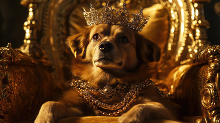 A dog in a jeweled crown and necklace rests on a golden chair, with dramatic lighting enhancing the luxurious atmosphere.の素材