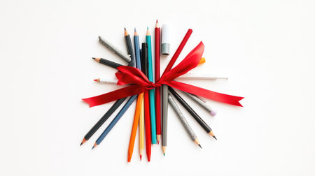 A collection of colorful sharpened pencils, felt tip pens, and a unicorn pen with a scarlet ribbon arranged on a white background with plenty of space for copy or creative designの素材
