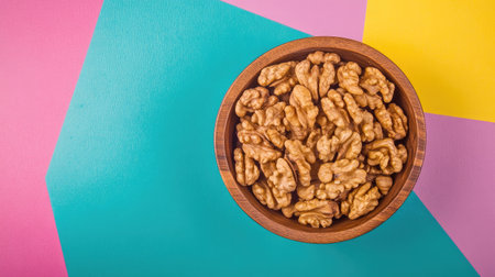 A top view of walnut halves in a wooden bowl on a colorful background, showcasing superfoods for healthy eating, with space to add your messageの素材