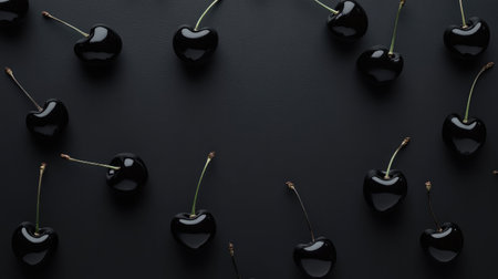 Minimalist arrangement of black cherries with stems on a matte black background, leaving a clean area for copy at the center.の素材