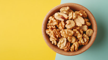 A wooden bowl of walnut halves placed on a colorful background, emphasizing healthy eating and the superfood benefits of walnuts, with room for textの素材