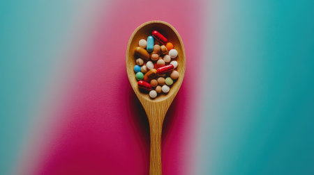 Create 10 prompts for stock photos related to Top view of a variety of vitamin and mineral pills in a wooden spoon against a colored background with 100-200 characters and ending withの素材