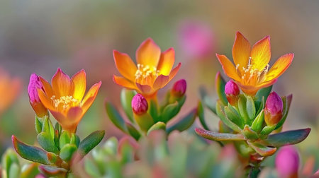 A beautiful close-up of Portulaca oleracea (Common Purslane) flowers, showcasing vivid colors with a blurred background and space for copyの素材