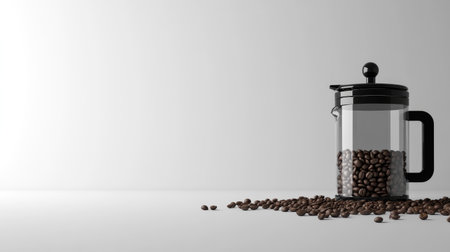 A black French press coffee maker with coffee beans on a white surface, leaving plenty of room for text or creative designの素材