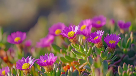 A beautiful close-up of Portulaca oleracea (Common Purslane) flowers, showcasing vivid colors with a blurred background and space for copyの素材