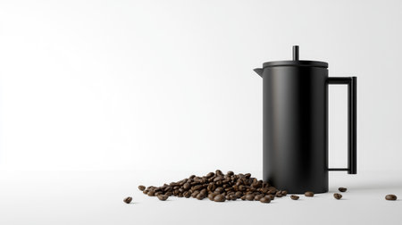 A black French press coffee maker with coffee beans on a white surface, leaving plenty of room for text or creative designの素材
